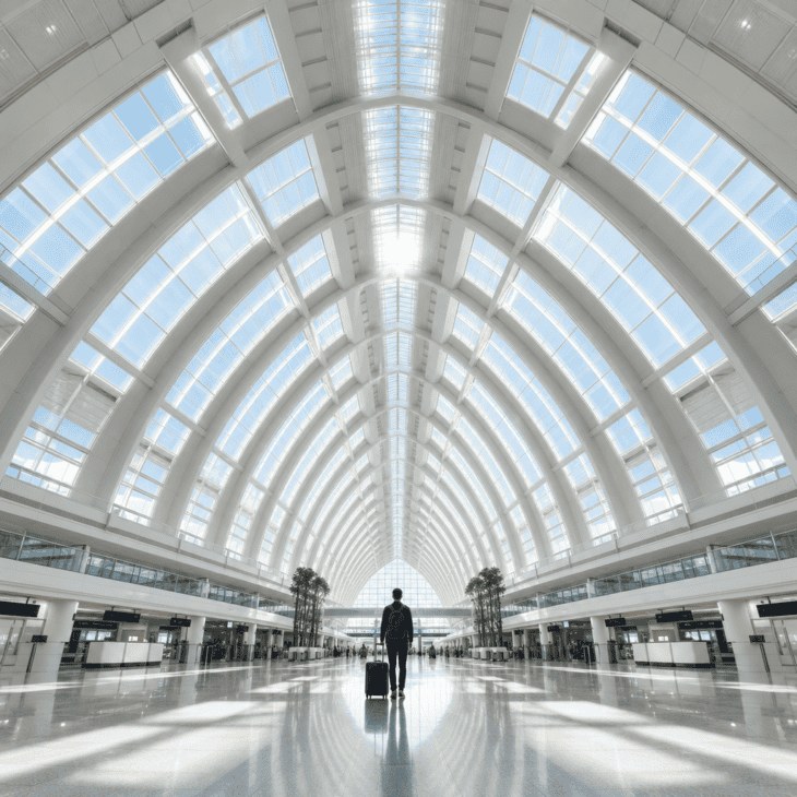 Pointing straight up puts the terminal roof in the frame and shrinks the traveler to a scale marker.
