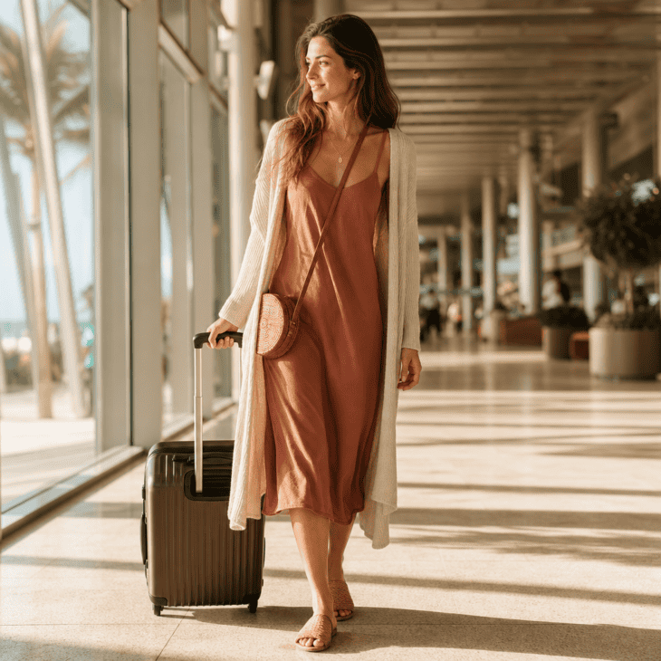 A slip dress under a long cardigan handles both a warm departure city and a cold cabin.
