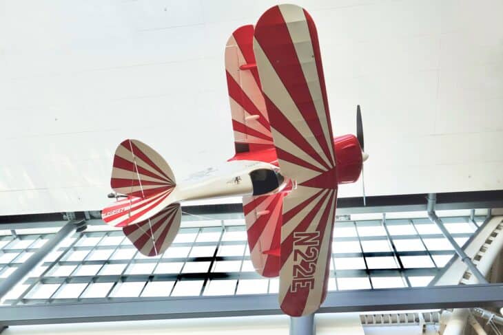 Betty Skelton's red and white Pitts S-1C Little Stinker, N22E, suspended at the Udvar-Hazy Center