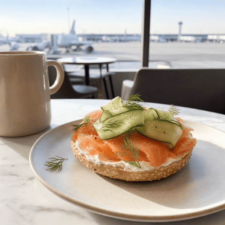A half bagel with smoked salmon delivers a satisfying cafe breakfast without an oversized portion.