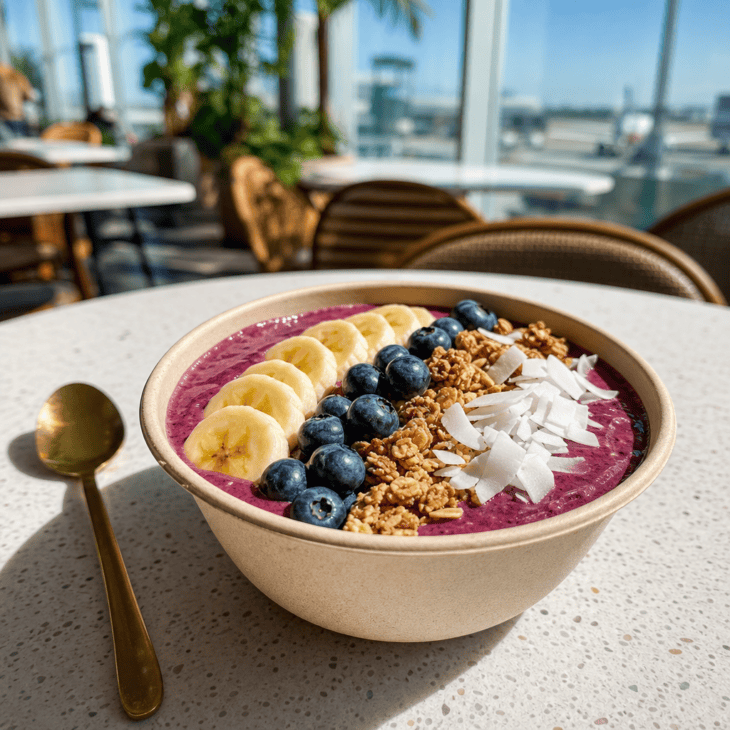 A thick smoothie bowl is a colorful post-security option when a drink alone feels too light.