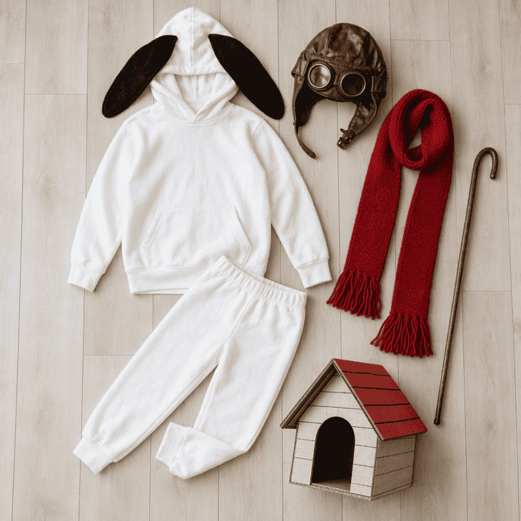 A white hoodie with floppy ears, a leather helmet and a long scarf make the world's most famous imaginary ace.