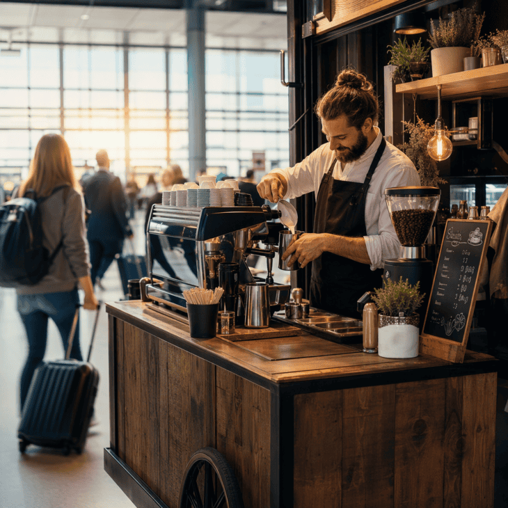 A rolling cart needs less concession space than a sit-down cafe and can move where the lines are.