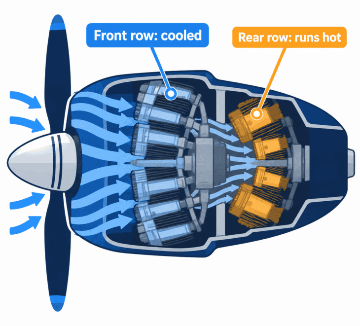The R-3350's rear cylinders sat behind the front row, and in wartime service they got too little cooling air and overheated.