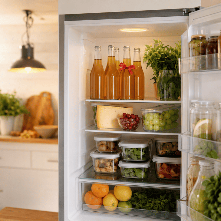A fridge stocked with his favorites spares him a grocery run the day after a flight.