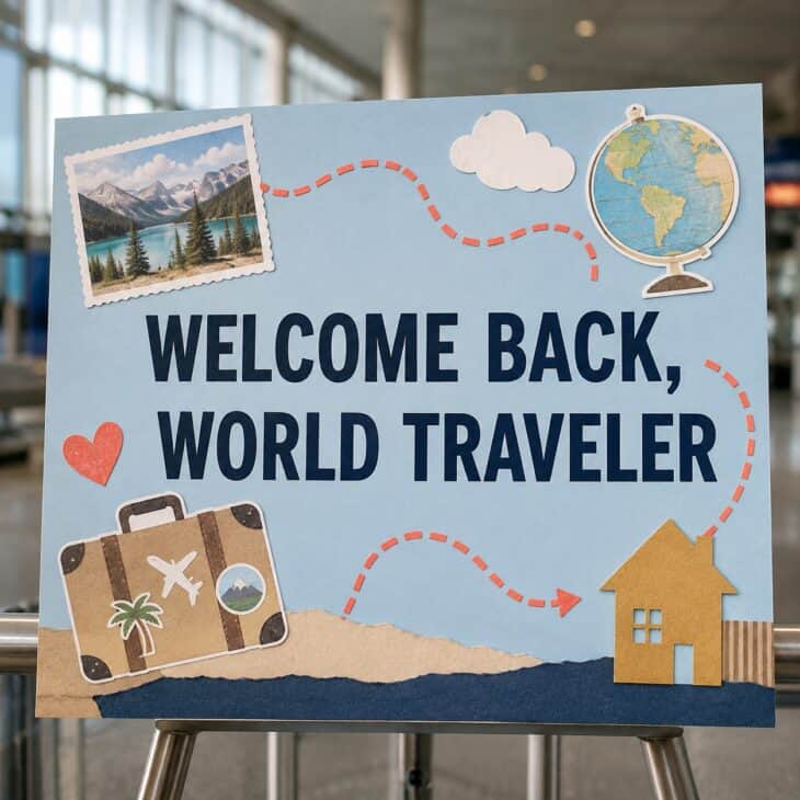Postcard shapes and a route ending at home celebrate the trip without reducing it to one flag.