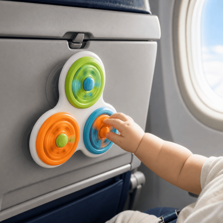 A suction base is the only thing that keeps a baby toy on the tray table.