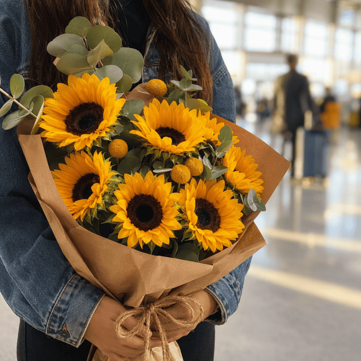 Bunch of sunflowers wrapped in kraft paper held at an airport arrivals hall