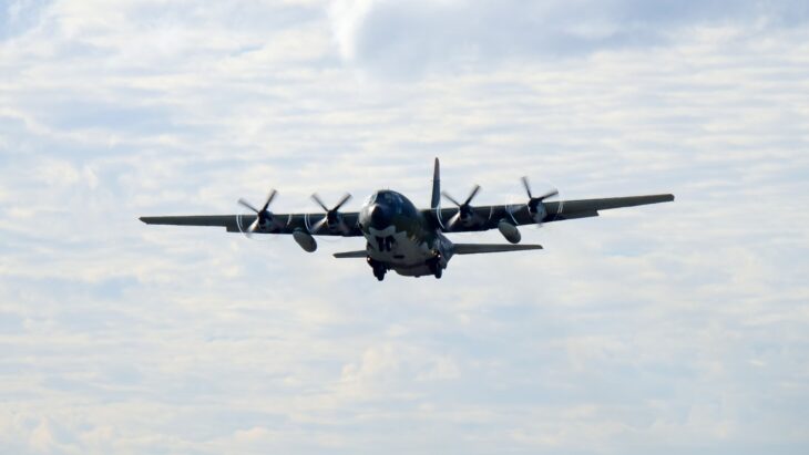 Republic of China Air Force Lockheed C-130H Hercules, serial 1320, climbing away head-on with propellers turning