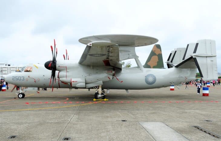 Republic of China Air Force Grumman E-2 Hawkeye 2000 early warning aircraft, number 2503, parked with its rotodome above the fuselage
