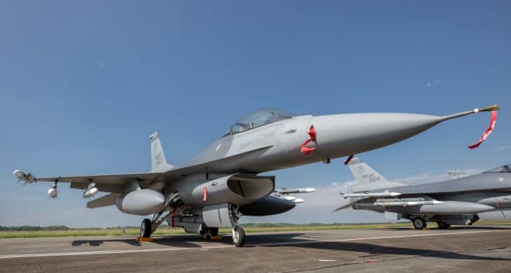 Republic of China Air Force F-16V fighter parked with air-to-air missiles and drop tanks fitted