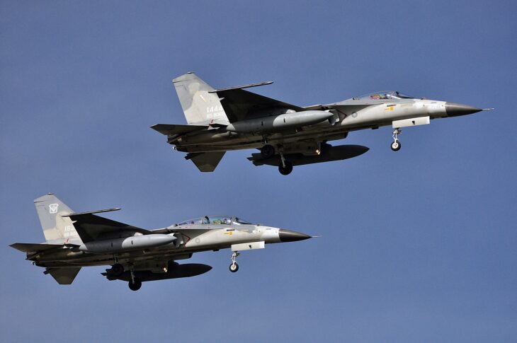 Single-seat AIDC F-CK-1A and two-seat F-CK-1B Ching-kuo fighters flying with gear down