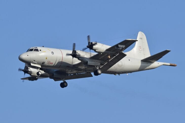 Republic of China Air Force Lockheed P-3C Orion, serial 3306, on approach with landing gear down and its tail boom visible