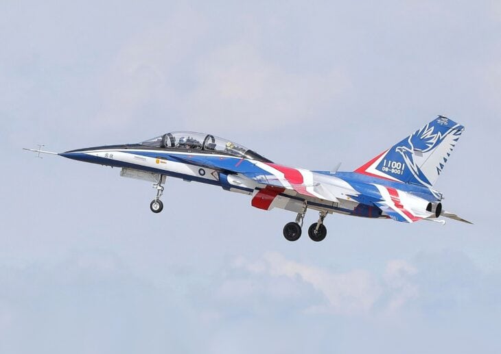 AIDC T-5 Brave Eagle advanced jet trainer on approach in its blue, white and red prototype scheme