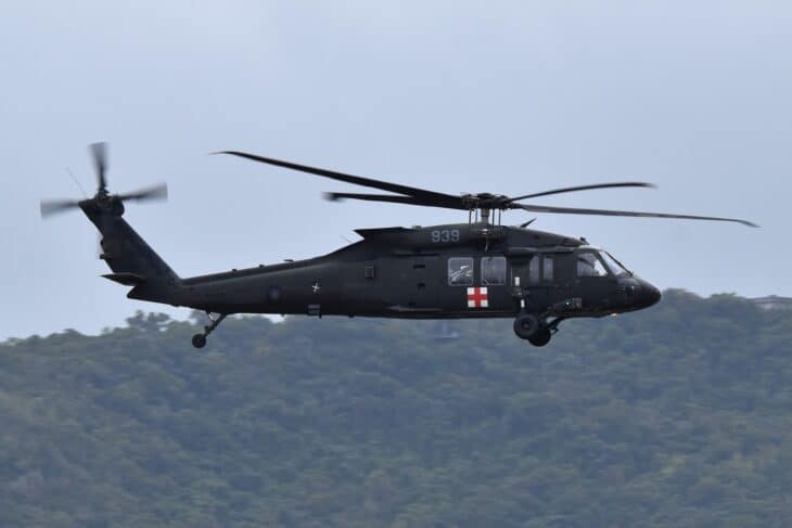 Republic of China Air Force Sikorsky UH-60M Black Hawk, number 939, in flight with a red cross marking on the cabin door
