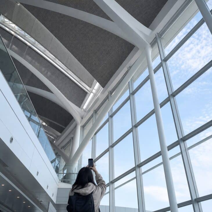 Tilting from the floor to the roof makes terminal architecture feel as large as it actually is.