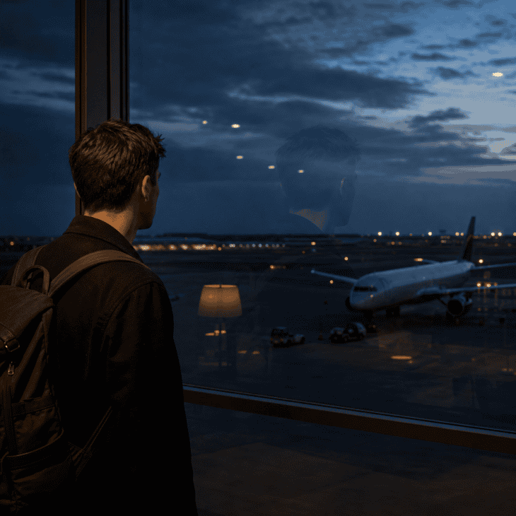 At dusk the glass becomes a partial mirror, layering the traveler over the view outside.