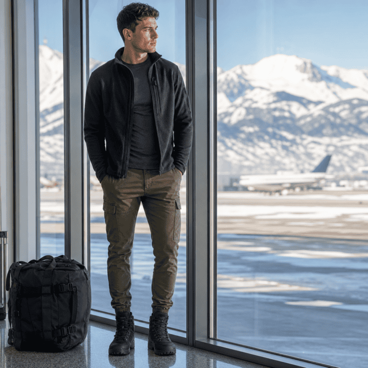 A thermal base layer under fitted cargo joggers is built for a ski-trip departure and arrival both.