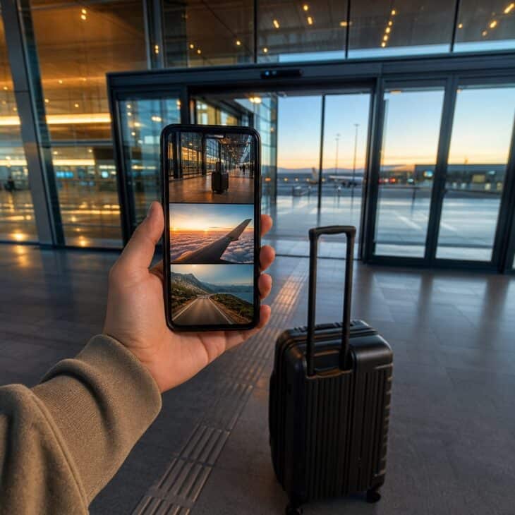 Three quick movement clips make the airport feel like the first scene rather than a location tag.