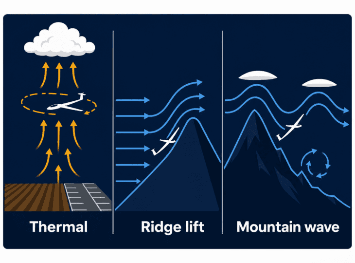The three lift sources a soaring pilot hunts, and the terrain each one needs.