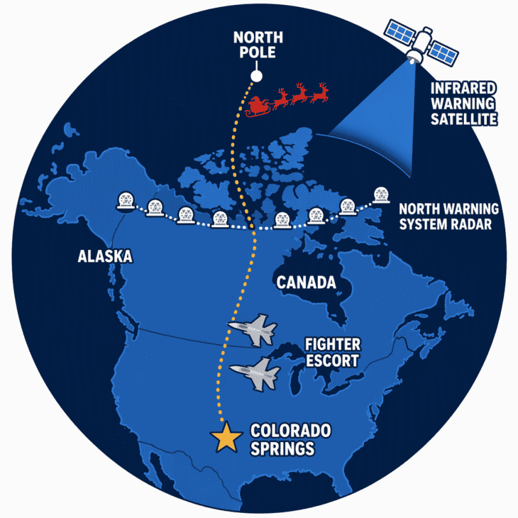 NORAD's Santa story borrows its three real warning layers: the Arctic radar line, infrared satellites and fighter aircraft.