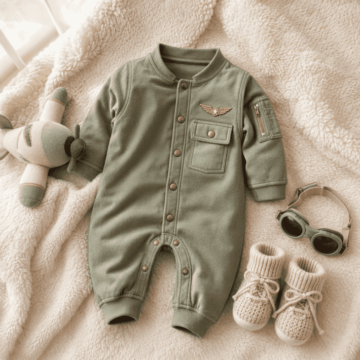 An infant flight suit romper keeps the youngest crew member comfortable.