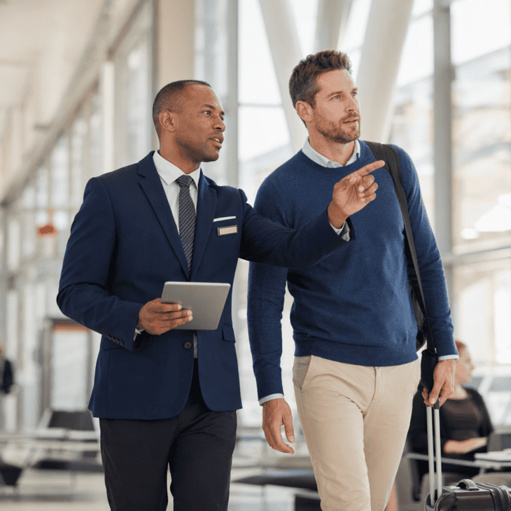 A booked concierge walks the connection for a traveler who cannot afford to miss it.