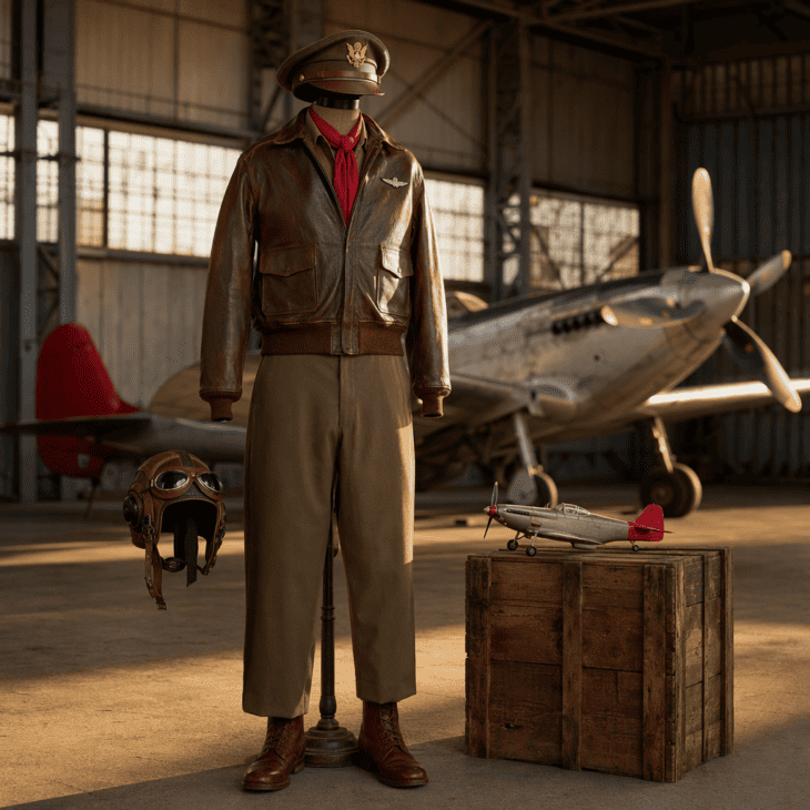 A leather flight jacket, silver wings and a red-tailed model fighter honor the Tuskegee Airmen.