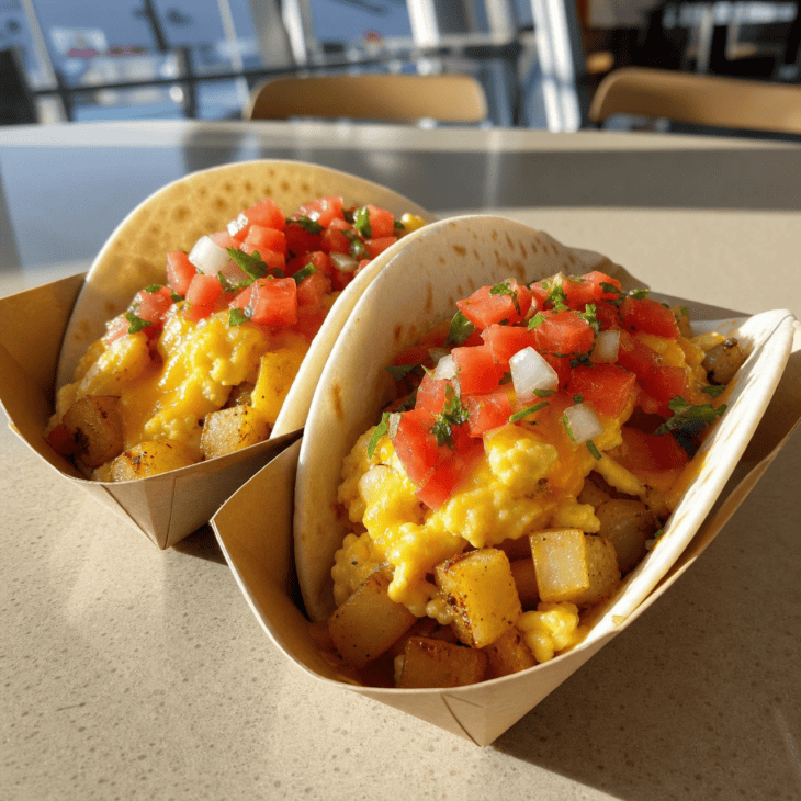 Two small breakfast tacos give a cooked airport meal natural portion control.