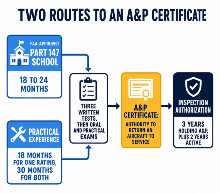 Two legal routes to the same certificate, one through a classroom and one through a hangar.