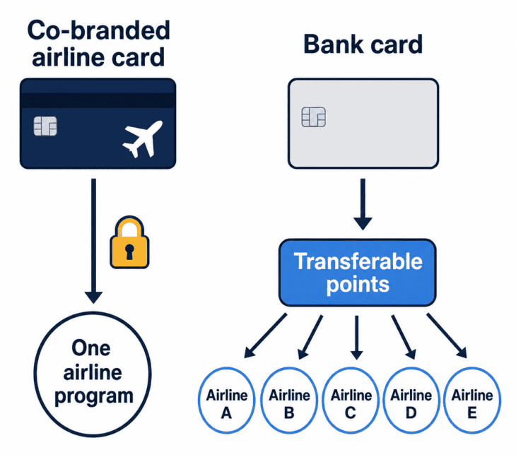 One card commits your rewards to a single airline on the day you earn them. The other lets you decide later.