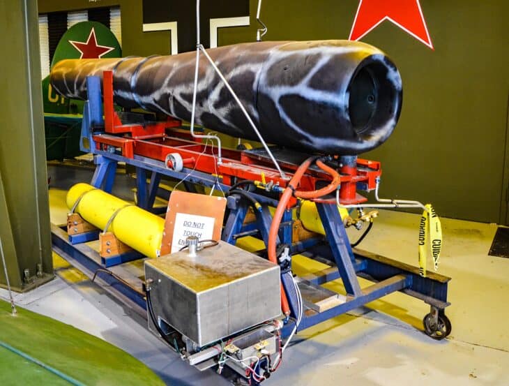 Argus As 014 pulsejet engine on a display cradle at the Military Aviation Museum in Virginia Beach