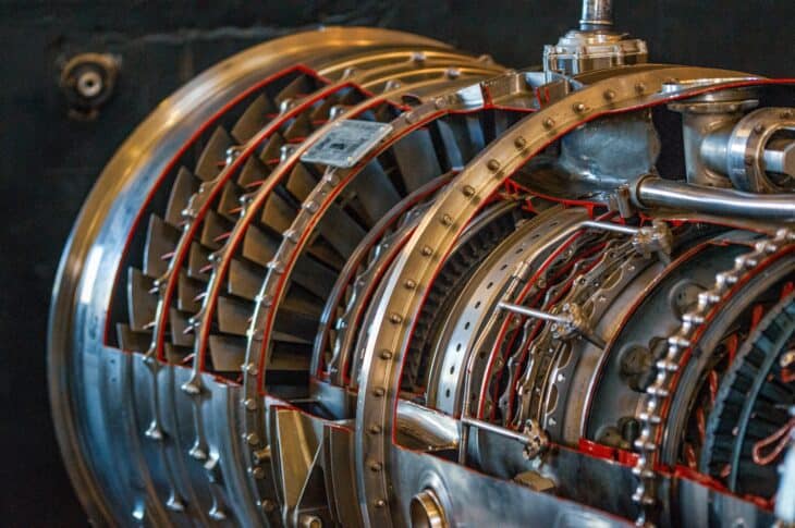 Cutaway jet engine exposing rows of compressor blades and the internal casings behind the fan