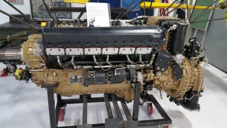 Rolls-Royce Merlin 66 V-12 piston engine on a display stand at the Olympic Flight Museum