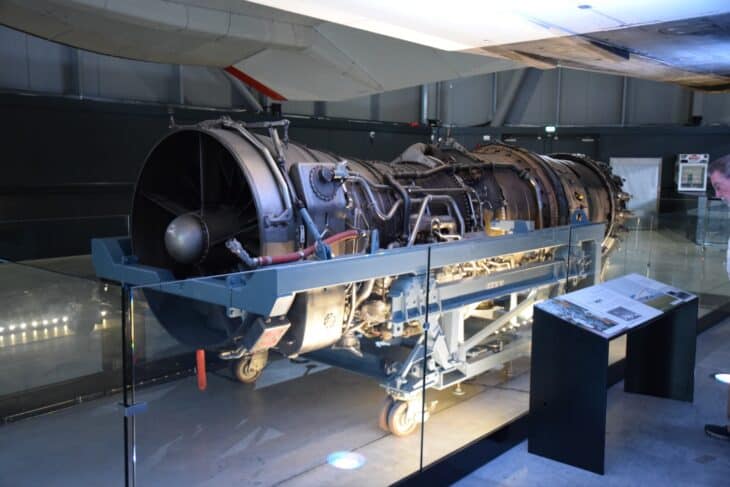 Rolls-Royce/Snecma Olympus 593 Mk.610 afterburning turbojet on a display cradle at Aerospace Bristol