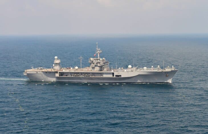 The amphibious command ship USS Blue Ridge underway in the Yellow Sea