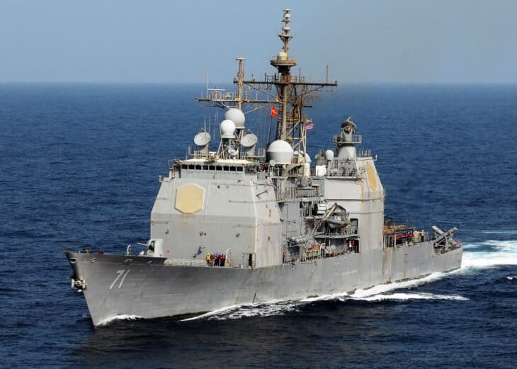 The Ticonderoga-class guided missile cruiser USS Cape St. George steaming in the Indian Ocean