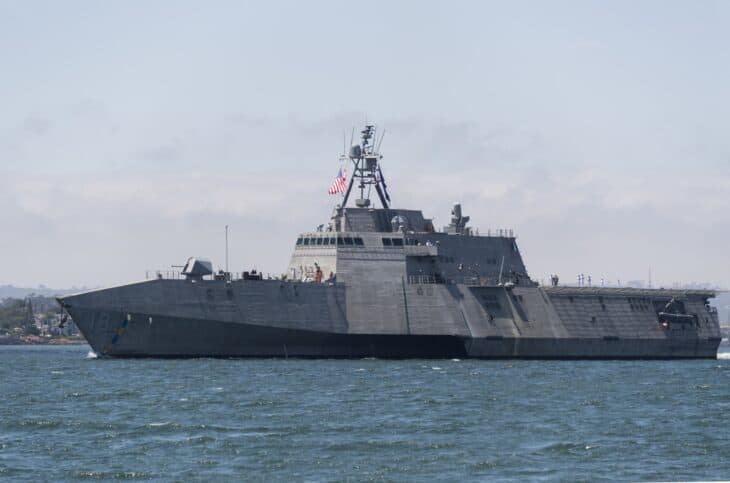 The Independence-variant littoral combat ship USS Charleston, an aluminium trimaran, underway in San Diego Bay
