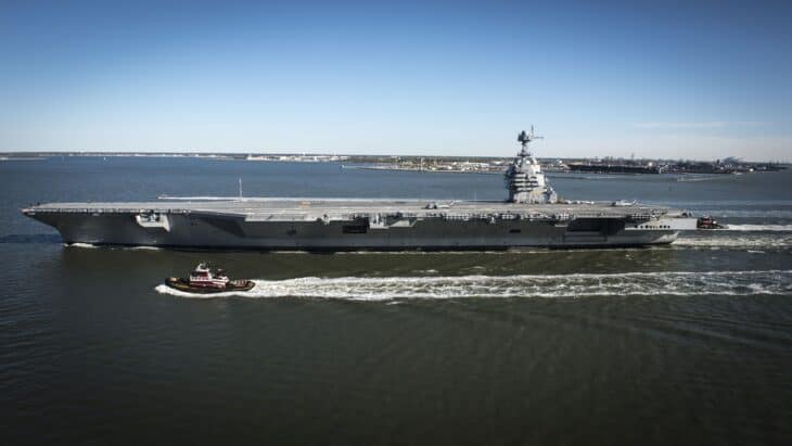 Broadside view of the aircraft carrier USS Gerald R. Ford underway at sea