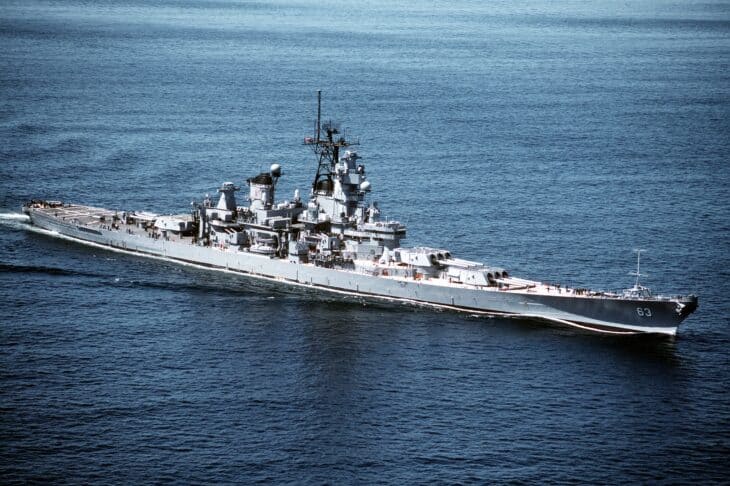 Aerial starboard view of the battleship USS Missouri underway at sea after the Persian Gulf War