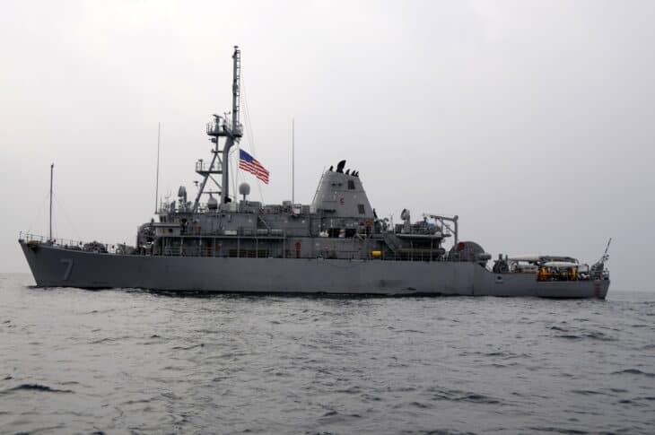 The Avenger-class mine countermeasures ship USS Patriot underway in the Yellow Sea