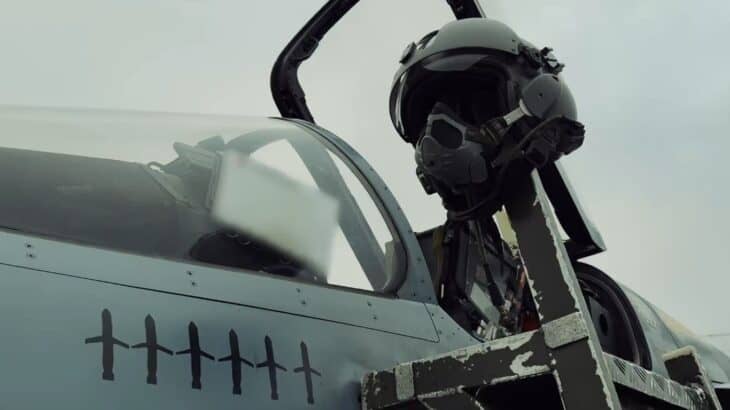 The canopy rail of a Ukrainian Mirage 2000-5F showing six painted markings for downed Kh-101 cruise missiles