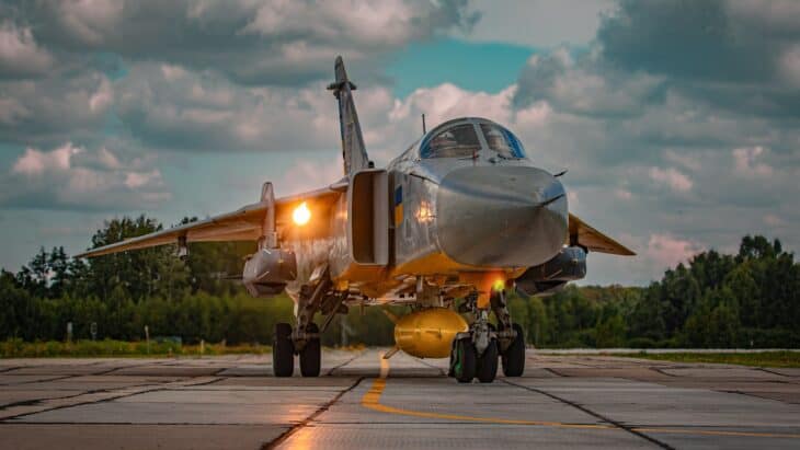 A Ukrainian Air Force Sukhoi Su-24M in flight with two Storm Shadow cruise missiles under the fuselage