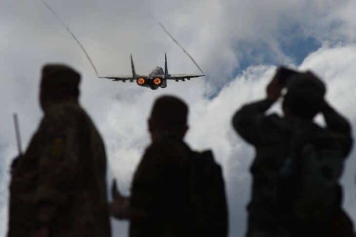 A Ukrainian Air Force Su-25 Frogfoot making a low-altitude pass over Kulbakino air base