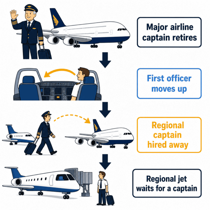 One retirement at a major airline can leave a regional jet without a captain.