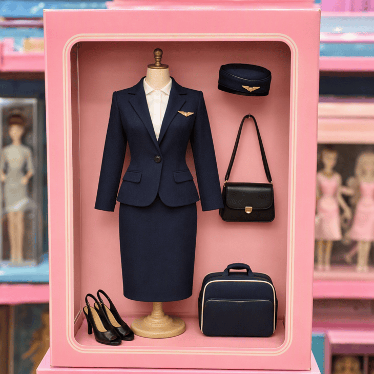 A life-size doll box turns a navy stewardess outfit into a playful vintage toy costume.