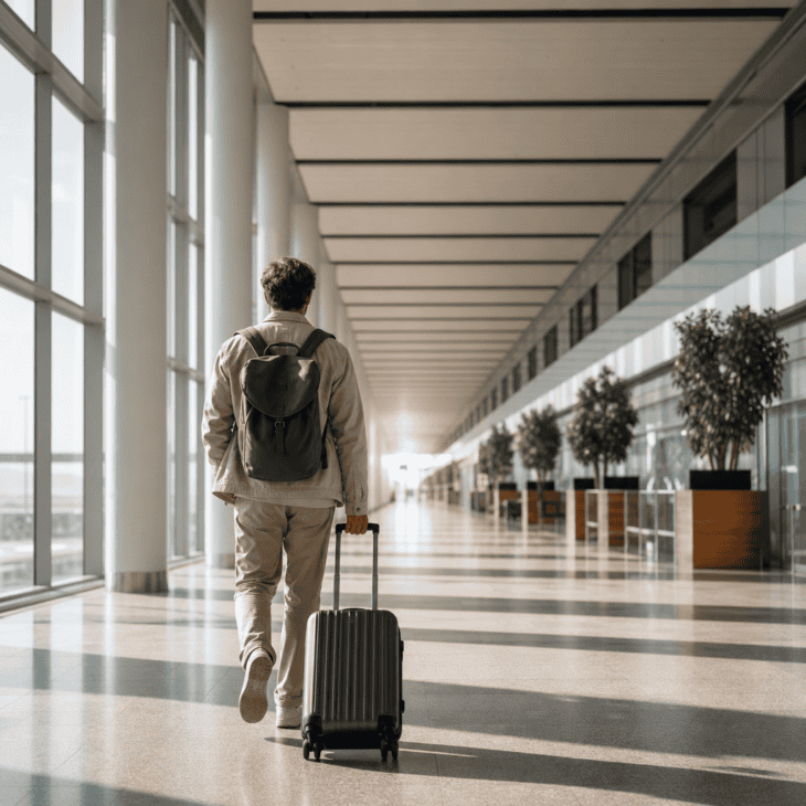 A long empty concourse turns a simple walking shot into a cinematic opening frame.