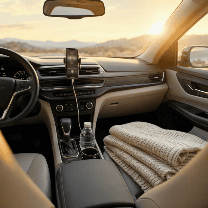 A warm, clean car with her playlist ready makes the drive home feel planned.