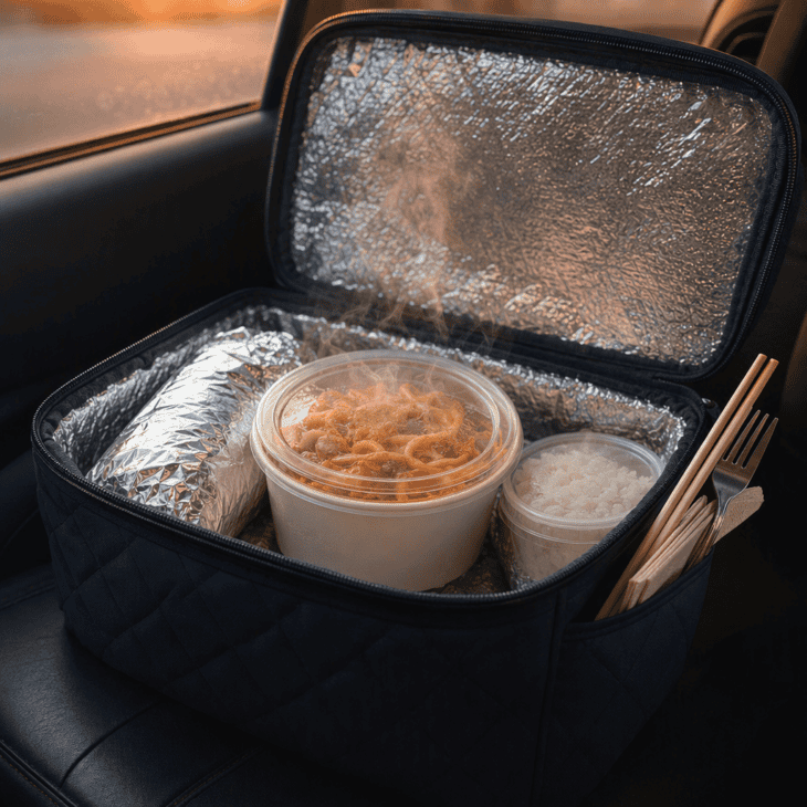 A warm favorite meal in an insulated bag solves the late-arrival problem of closed kitchens.