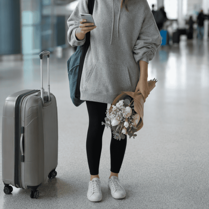 Person in an oversized grey hoodie and white sneakers waiting at airport arrivals